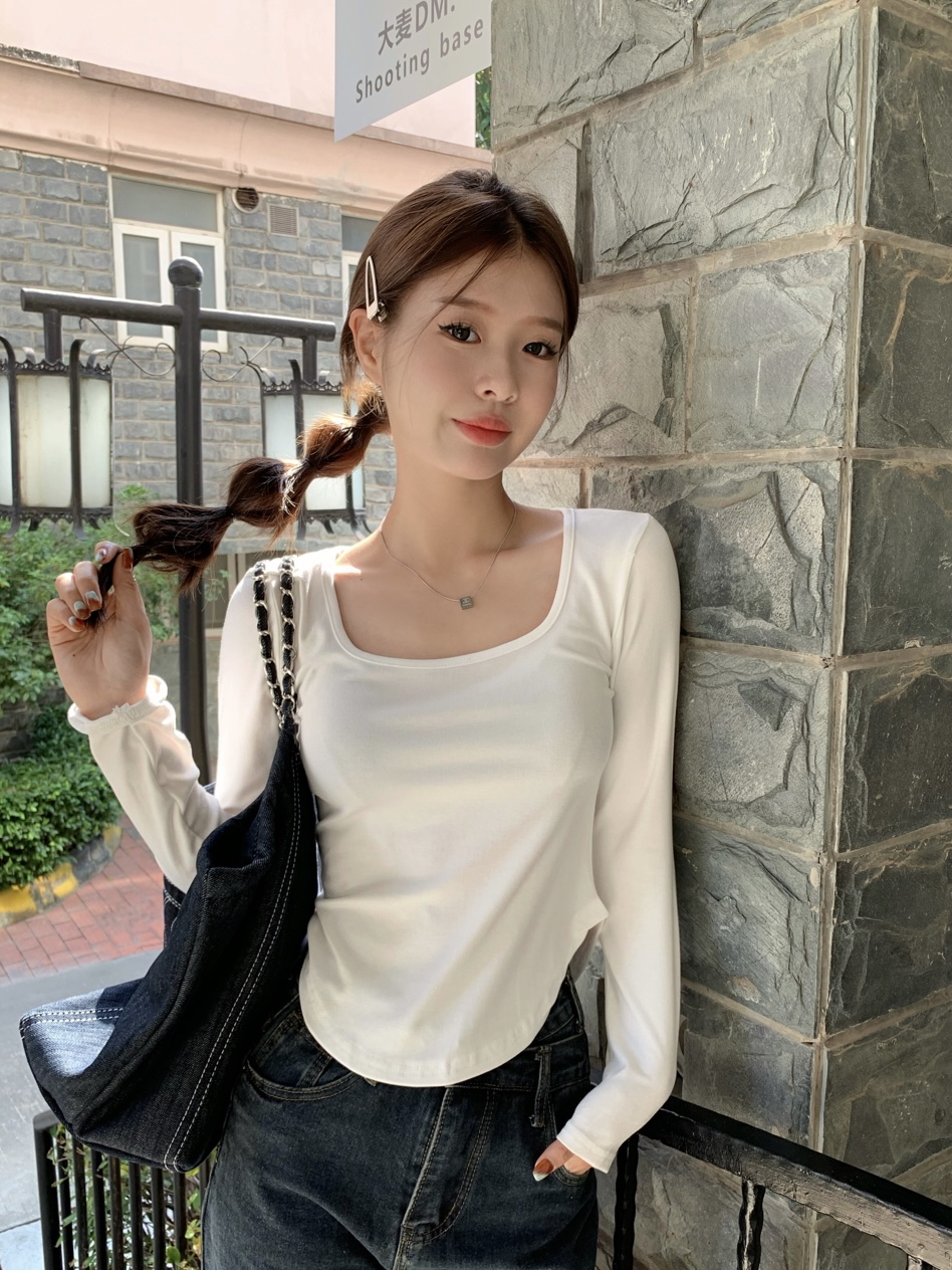 實拍 新款韓版設計感小眾方領露鎖骨修身顯瘦不規則下擺T恤女