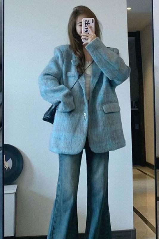 Retro contrast plaid woolen suit jacket for women in autumn and winter new style high-end loose temperament outer suit top