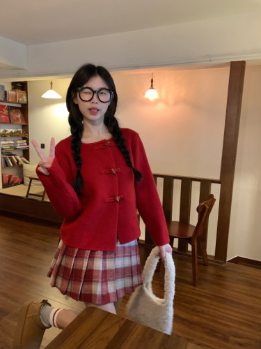 实拍套装红色毛衣女秋冬针织开衫外套新中式国风盘扣方领上衣