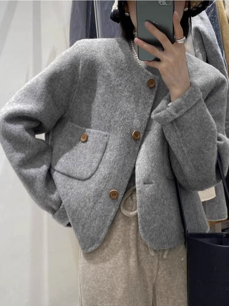Gray small fragrance double-sided woolen coat for women autumn and winter short style small temperament design niche wool coat