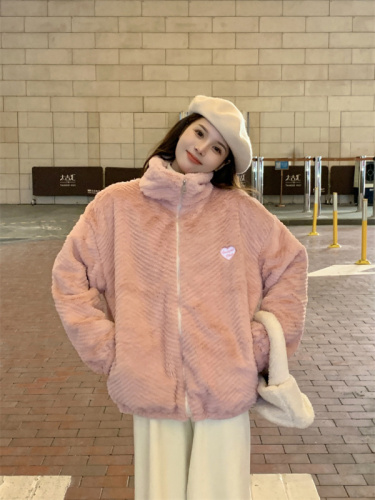 Korean version of sweet lamb wool coat for women winter stand-up collar thickened plush loose new style student versatile fashionable white
