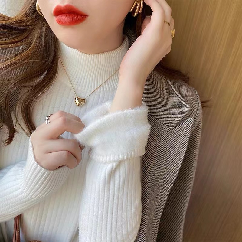加絨毛衣女冬加厚一體絨內搭半高領打底衫2023秋冬新款高級感上衣