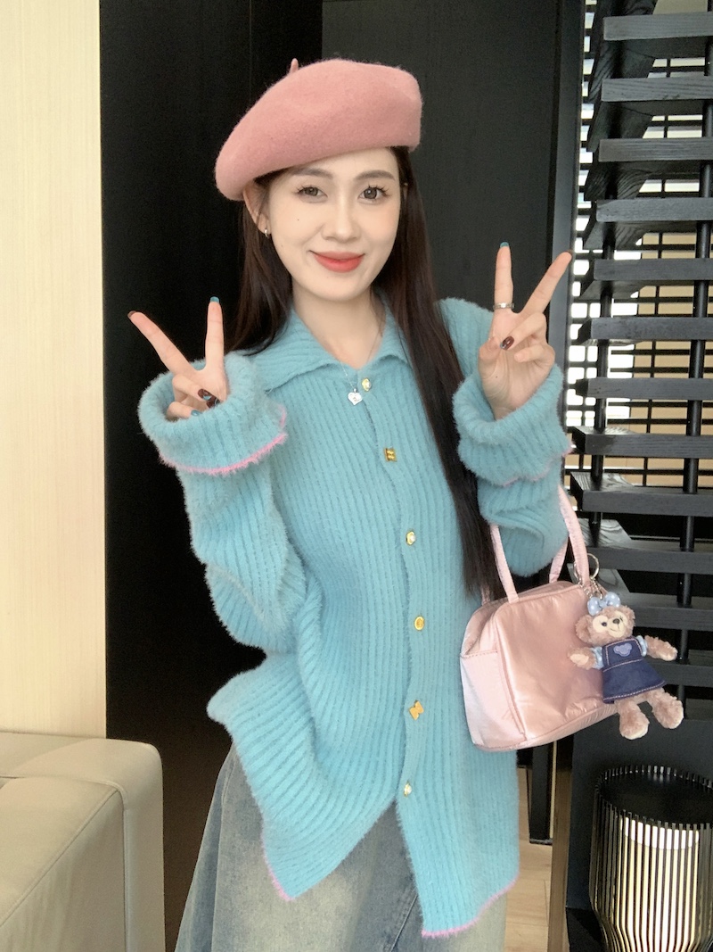 藍色翻領針織開衫女秋冬季2023新款軟糯毛衣外套長袖收腰上衣外搭