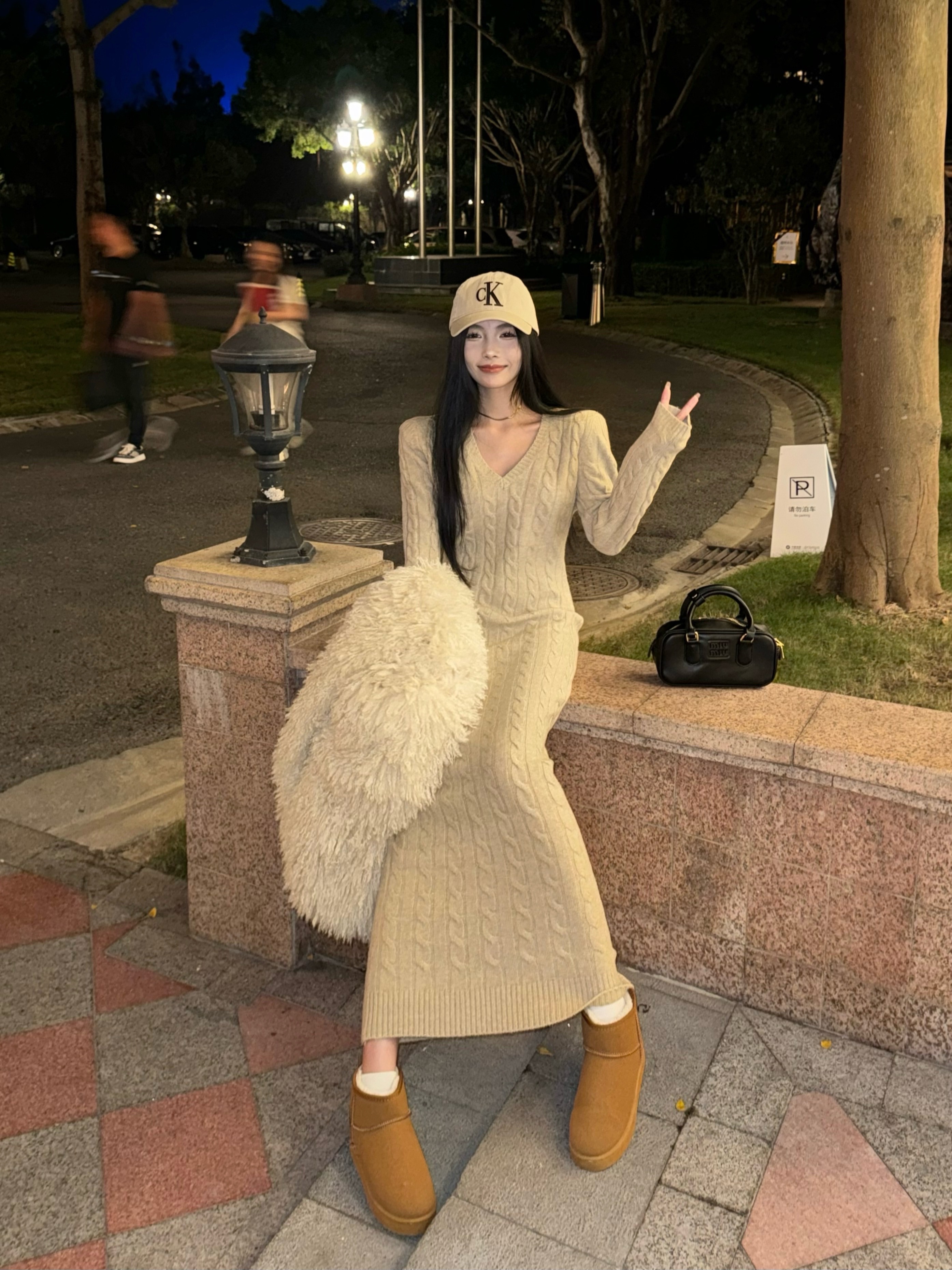 實拍 復古港風麻花紋v領顯瘦時尚毛衣針織連衣裙
