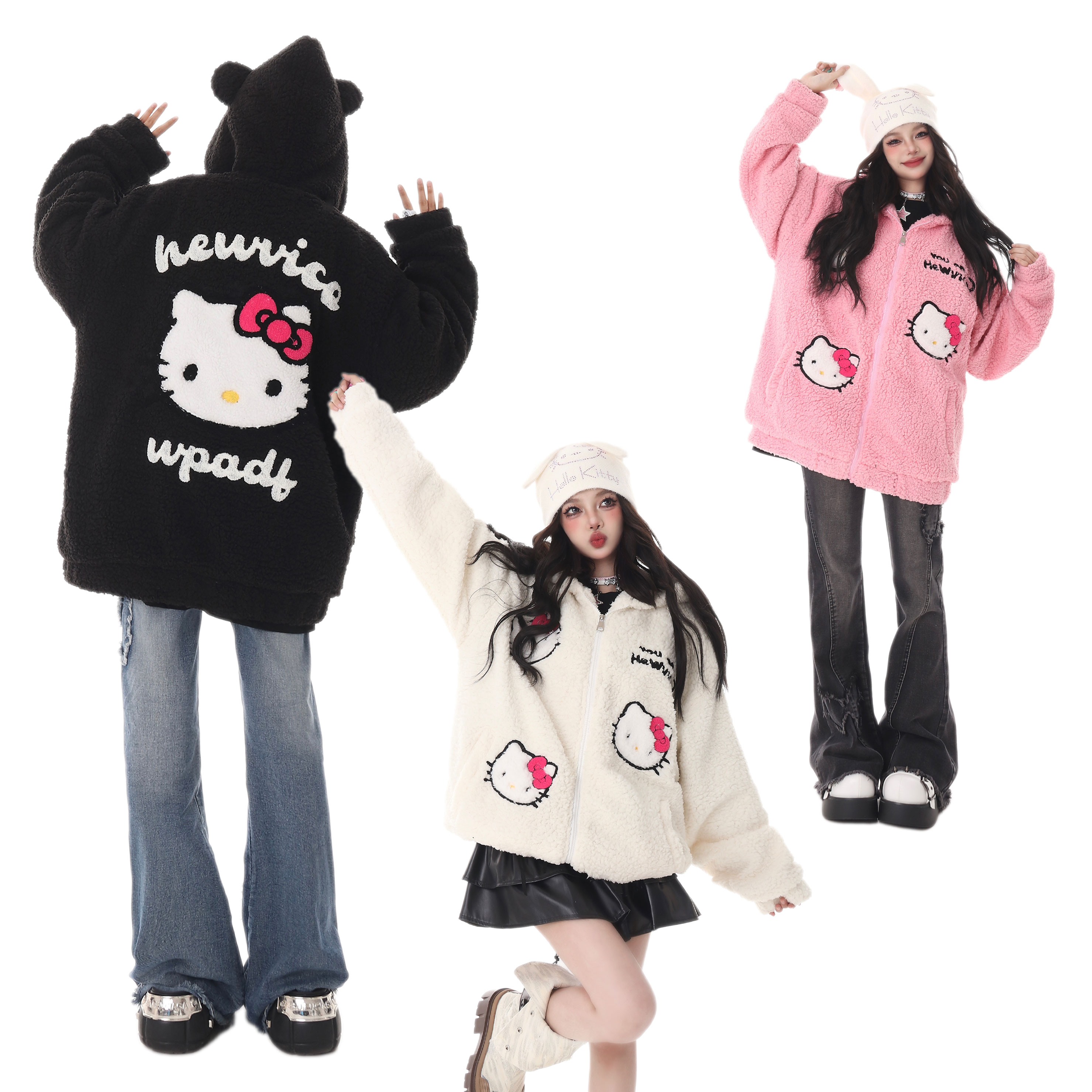 The first rice velvet composite super soft plus velvet and thickened lamb velvet Hello Kitty embroidered jacket and cotton coat for women