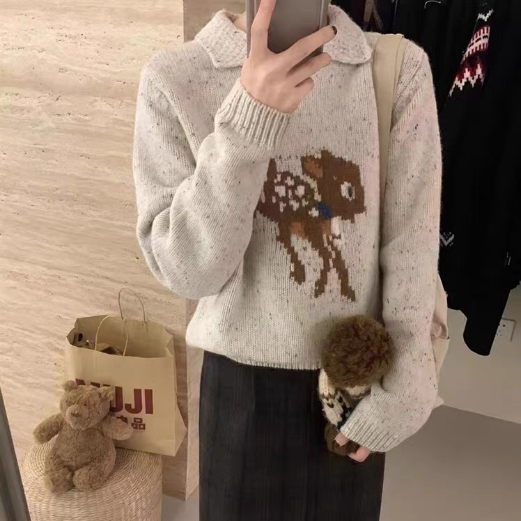 韓版彩點小鹿翻領套頭顯瘦毛衣女2023秋冬季減齡軟糯針織衫上衣