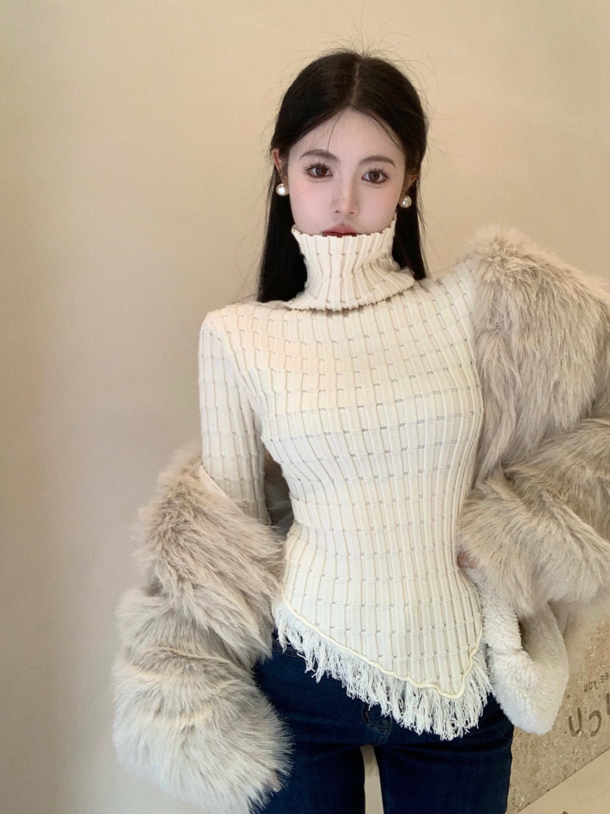 不規則流蘇高領針織衫女冬季氣質修身顯瘦長袖毛衣內搭打底