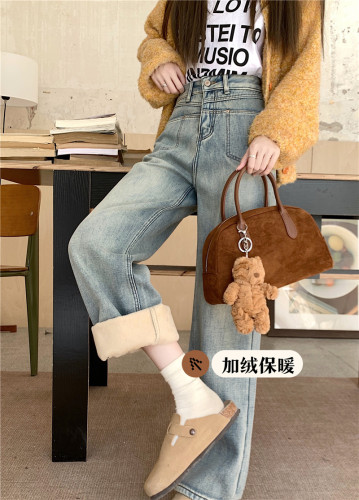 Photographed~ Vintage High-Waisted Loose Straight Leg Pants with Drape, Fleece Lining and Thickening, Light Blue Denim Women's Long Pants