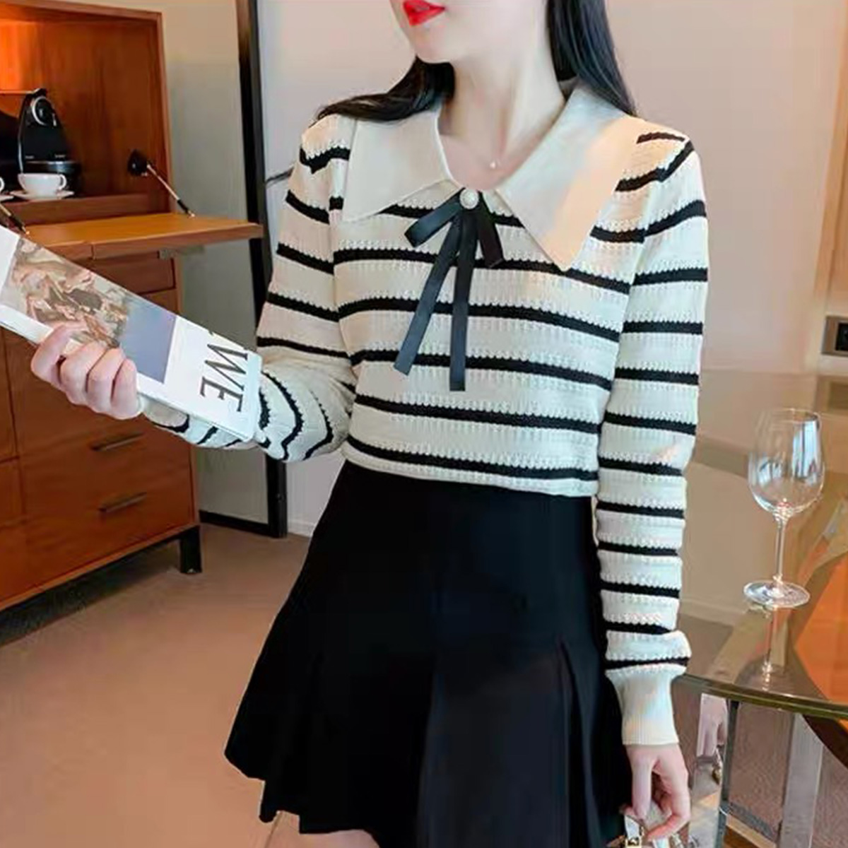 質檢官圖早秋新款法式蝴蝶結娃娃領條紋針織衫寬鬆長袖上衣女裝