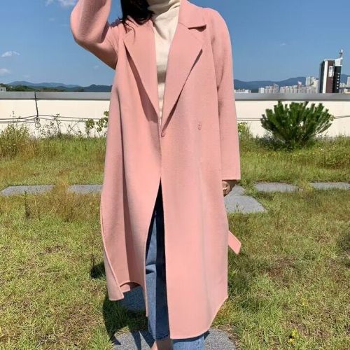 chic double-sided woolen woolen coat with gentle temperament, waisted mid-length, loose and slim, knee-length woolen coat