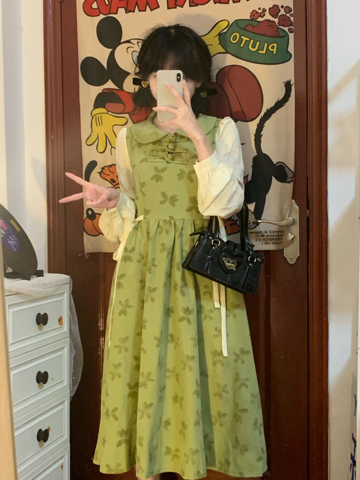 大碼法式娃娃領長袖碎花連衣裙女裝秋季新款胖mm假兩件燈芯絨裙子