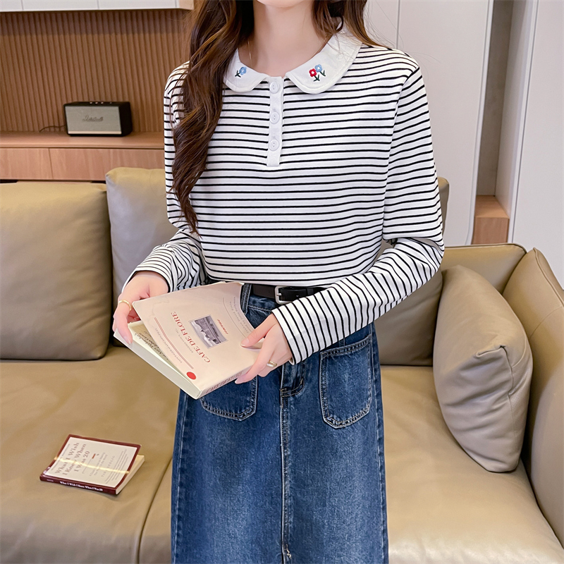實拍280克條紋德絨打底衫POLO領T恤女