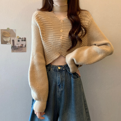 实拍 新版韩风设计感单排扣长袖针织毛衣短款开衫