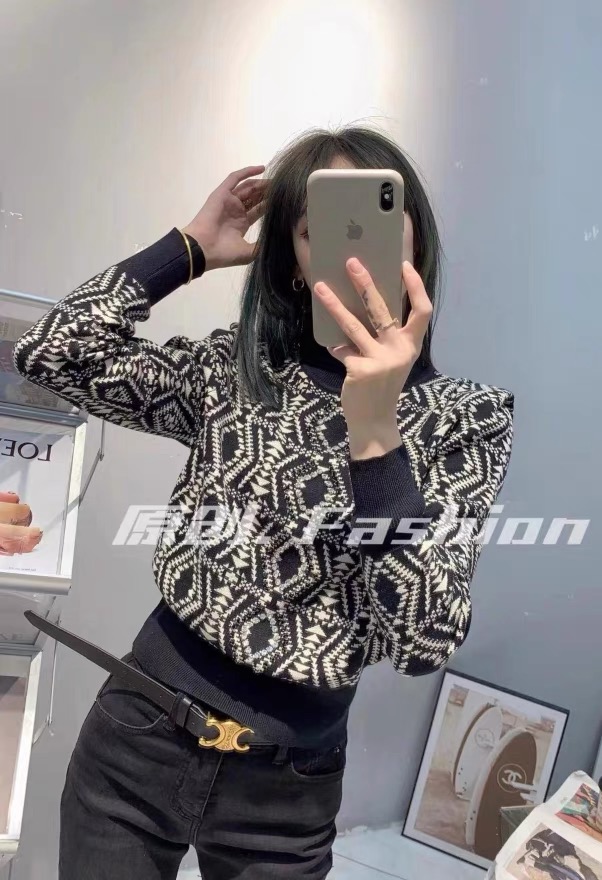 歐貨2023時尚短款圓領套頭復古菱形格提花衫女設計洋氣1030