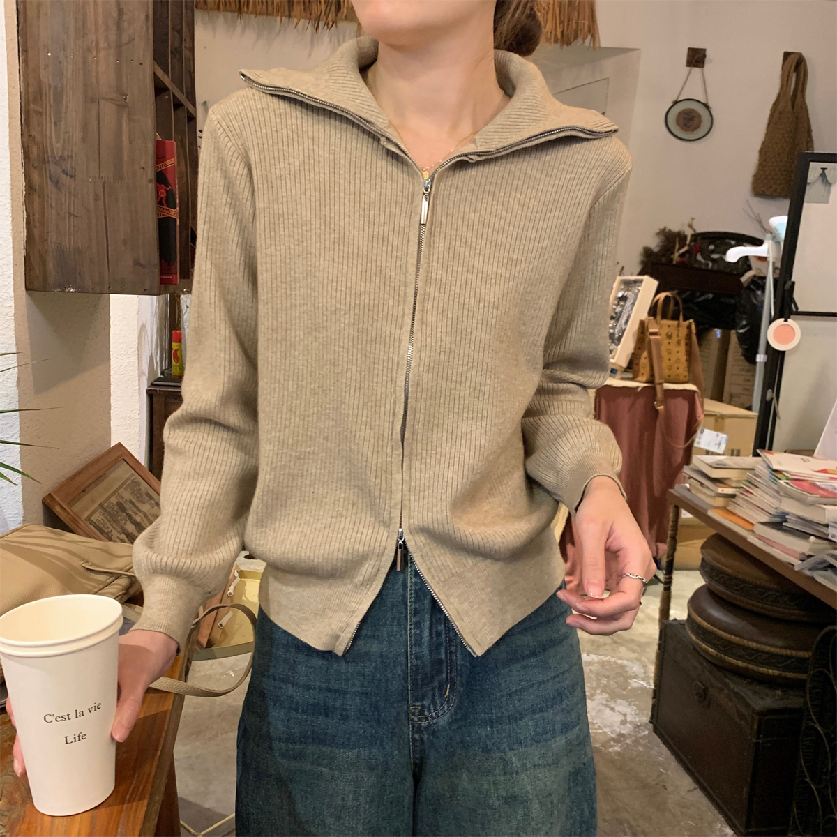實拍 秋冬韓版寬鬆高領雙拉鏈開衫安迪絨加厚針織毛衣外套女