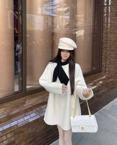 Hepburn girl French chic bow tie contrasting wool coat winter design original top