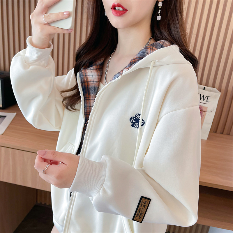 實拍冬季華棉複合貝貝絨加絨格子連帽拉鏈衛衣女外套潮
