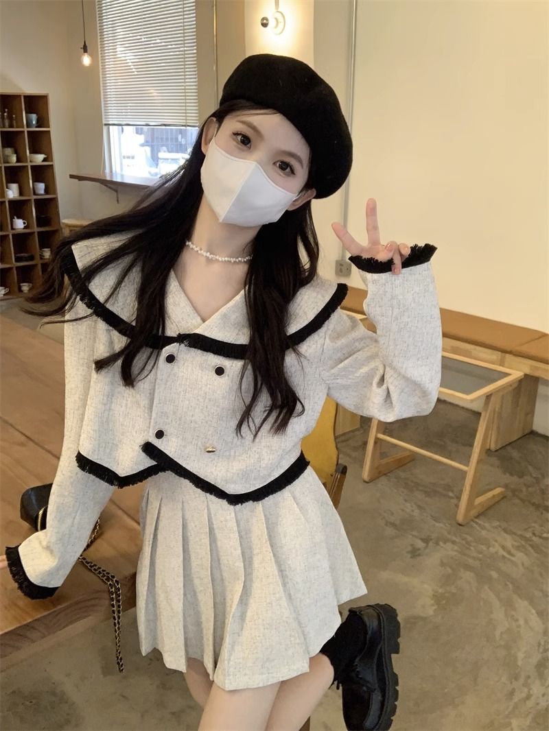 秋冬2023新款小香風氣質百搭顯瘦短款長袖外套女+高腰百褶裙套裝