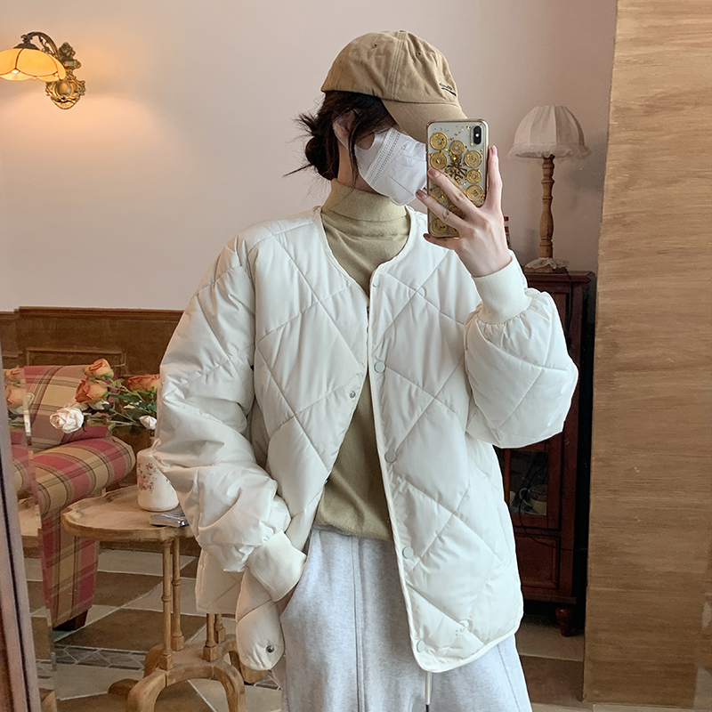Korean style short thickened small loose fashionable Hong Kong style student down cotton bread coat ins rhombus coat for women