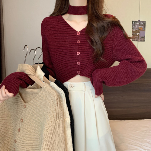 Actual shot of the new version of Korean-style design single-breasted long-sleeved knitted sweater short cardigan