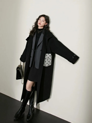 Wide-color Hepburn style wool double-sided black turtleneck woolen coat for women 2023 new autumn and winter woolen long coat