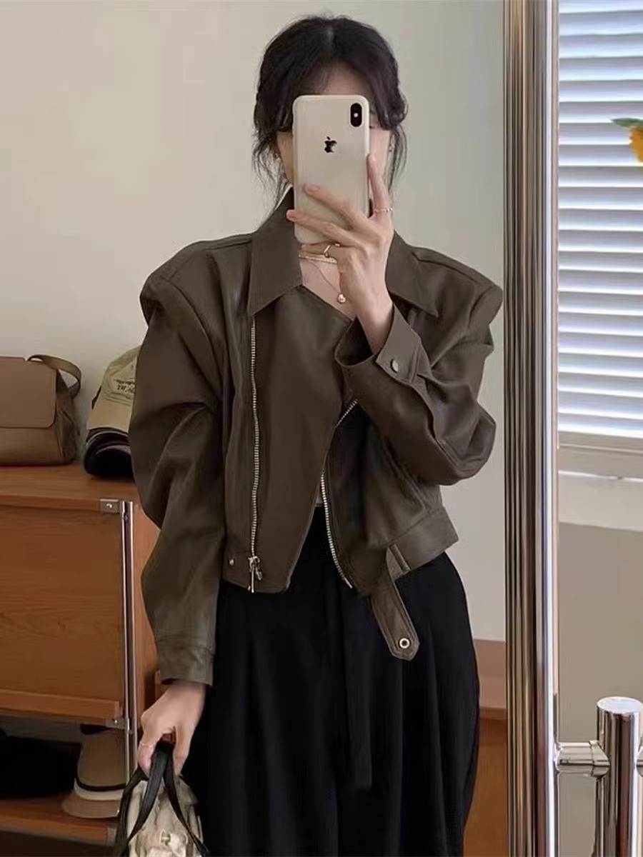 Retro pu leather jacket for women 2023 autumn small fashion versatile slim motorcycle leather short jacket top