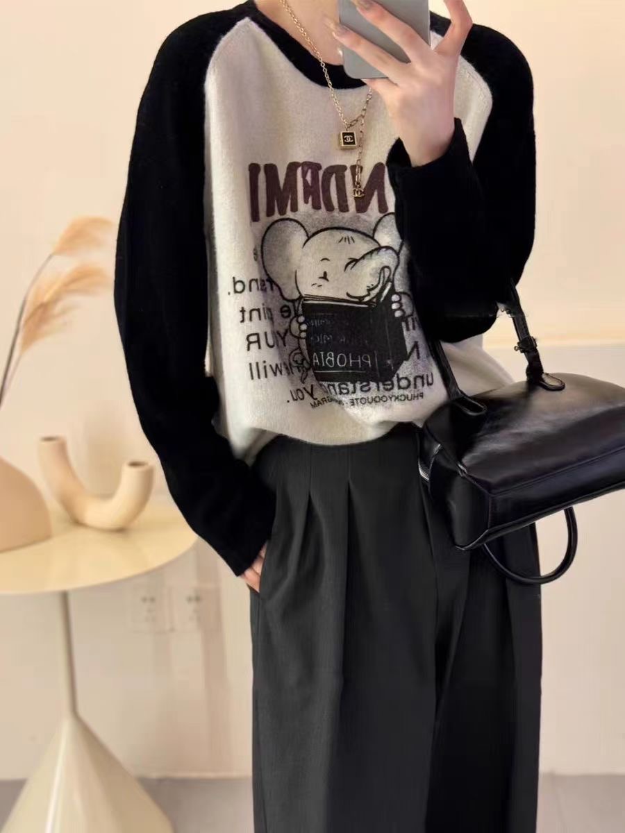 拼色字母大象羊毛衫女秋冬新款韓版設計感小眾針織衫百搭內搭毛衣