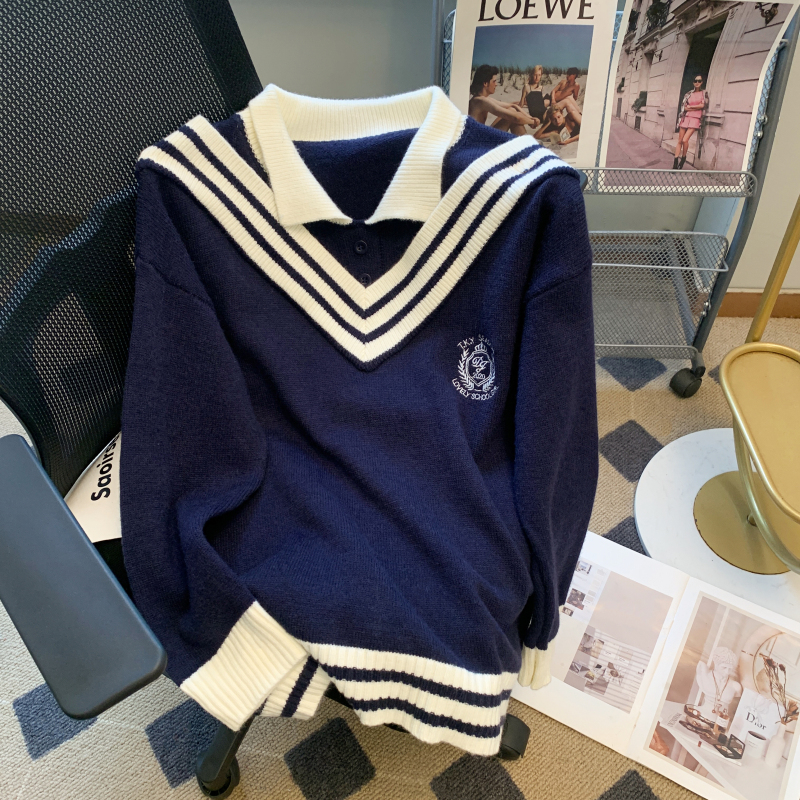 jk秋冬慵懶風毛衣百搭新款女裝學院風刺繡假兩件針織衫