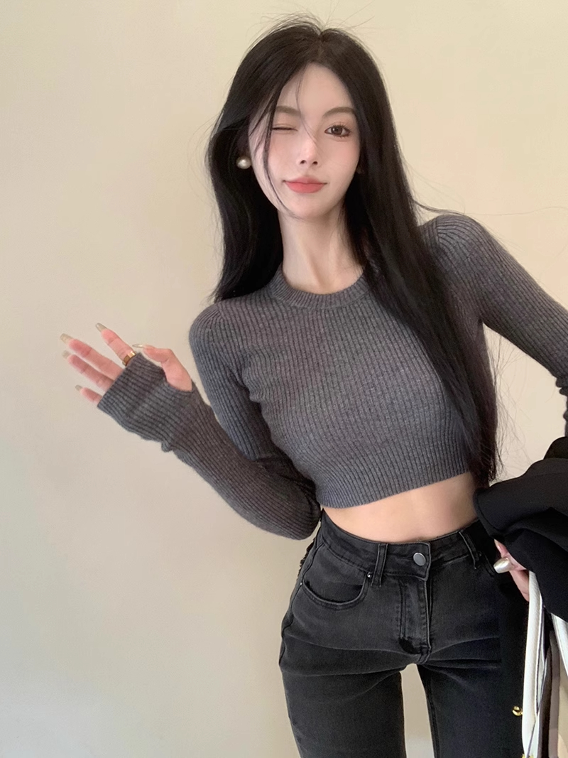 黑色長袖短款毛衣針織衫女秋冬季新款修身打底內搭辣妹上衣服