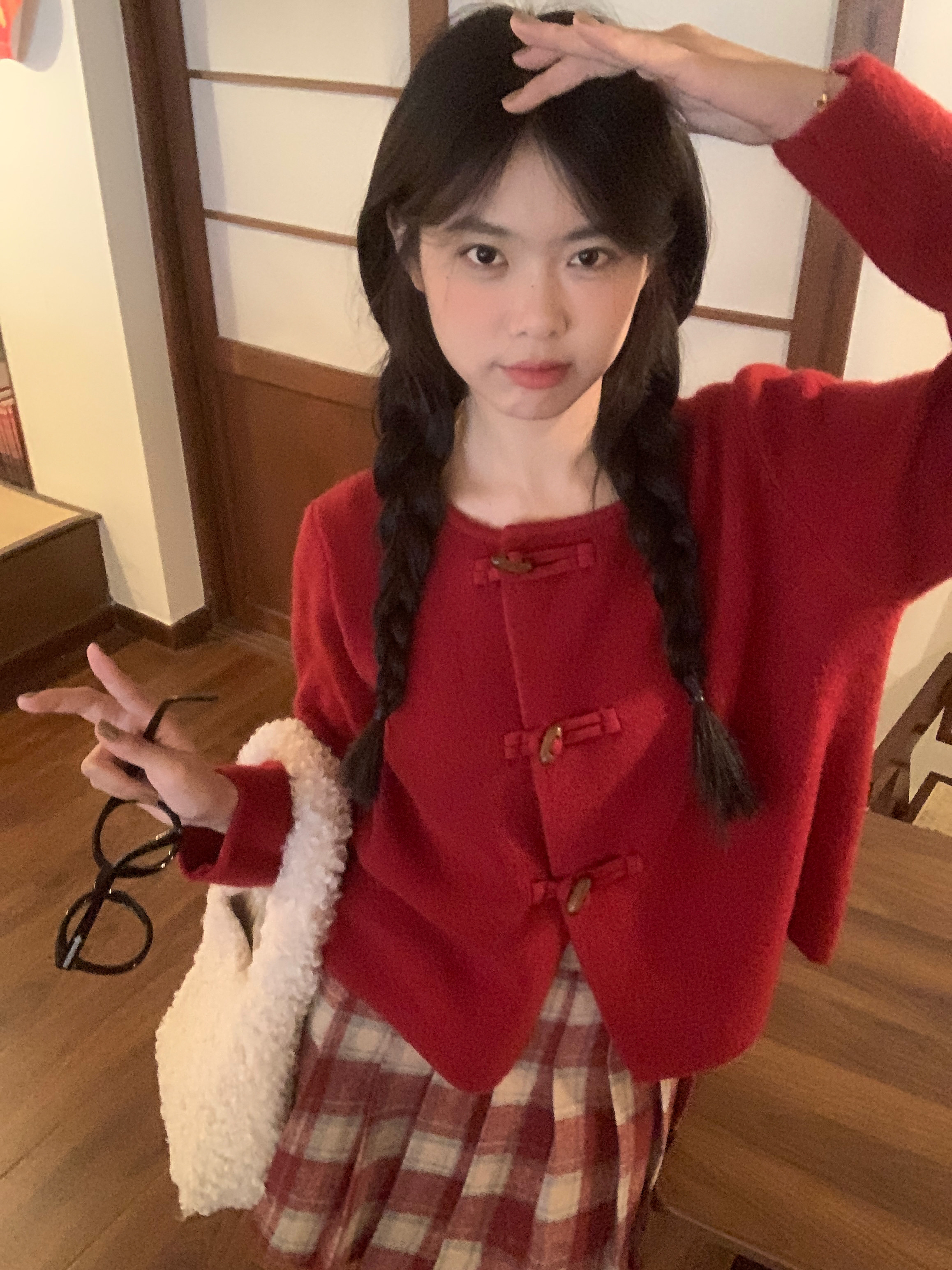 實拍套裝紅色毛衣女秋冬針織開衫外套新中式國風盤扣方領上衣