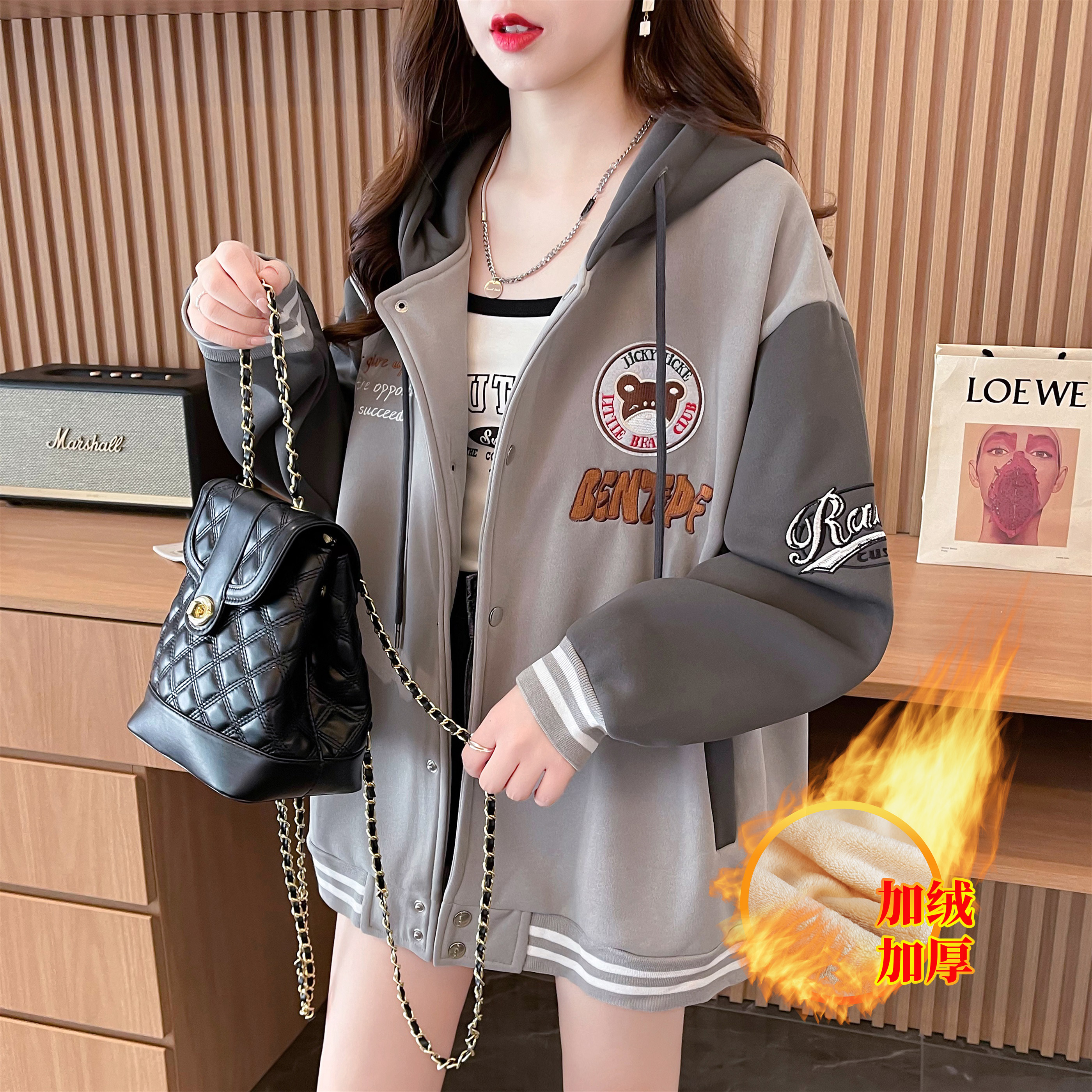 實拍冬季2023新款華棉複合加絨加厚棒球服外套寬鬆連帽衛衣女