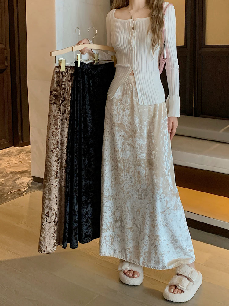 Actual shot ~ 2023 new autumn Korean version velvet long skirt versatile slimming hip skirt A-line skirt for women