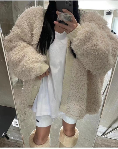 Korean chic lazy cardigan plush teddy bear thickened loose mid-length warm coat cotton coat