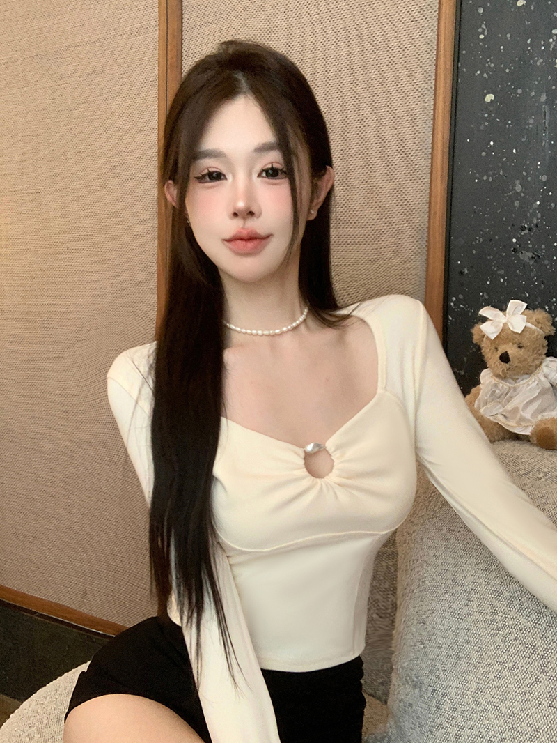 實拍    收腰顯瘦方領針織打底衫女修身內搭T恤短款辣妹上衣