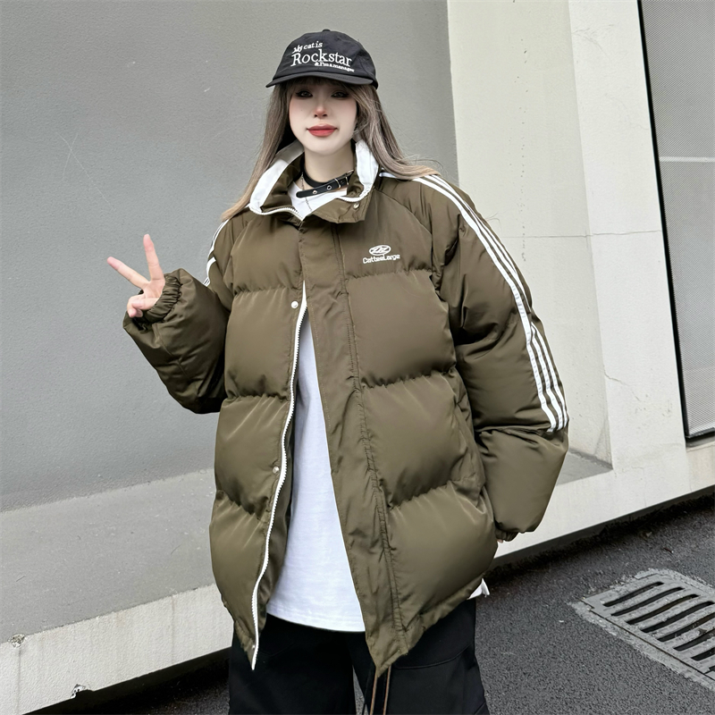 Real shot# Stand collar color matching cotton coat for women 2023 new winter loose and thickened couple bread coat cotton coat trendy