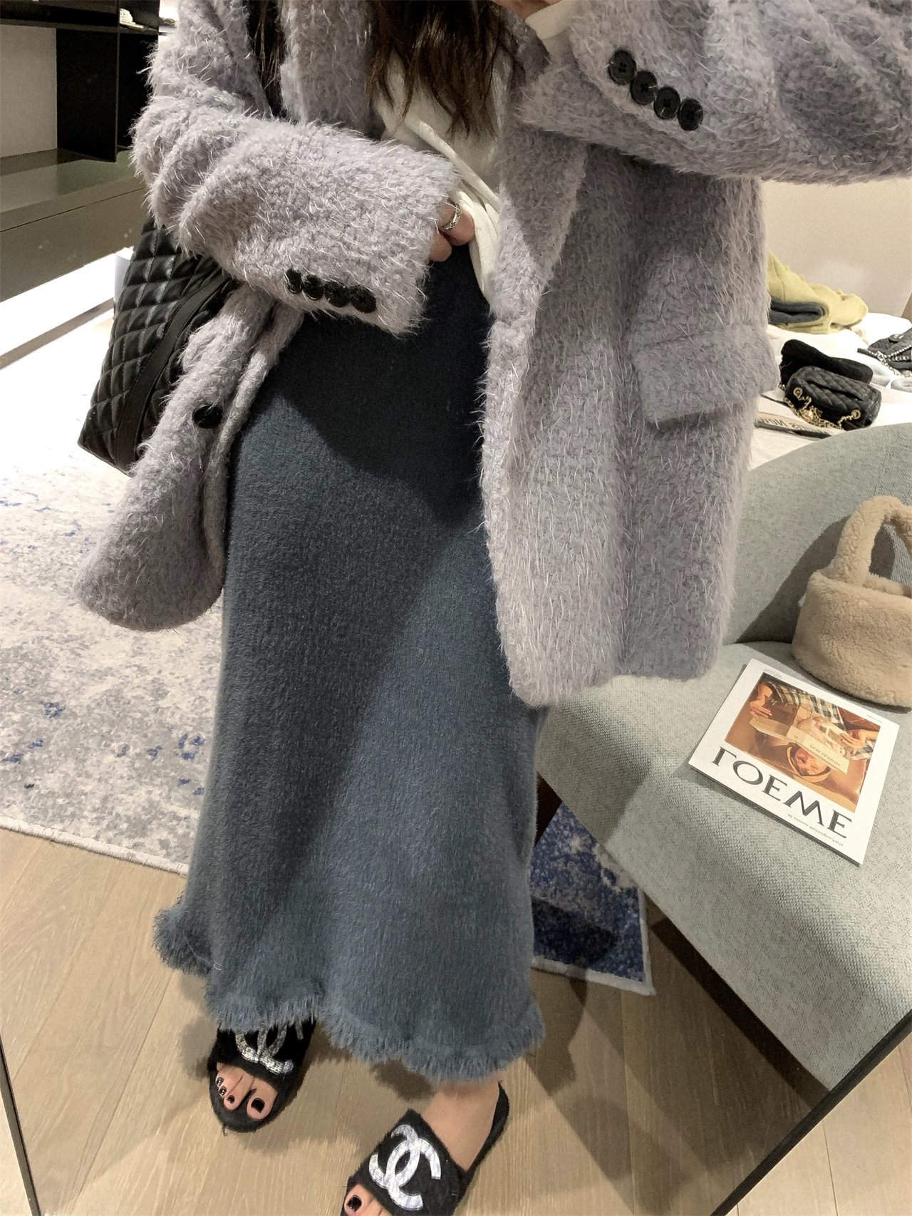 奶里奶氣親膚軟糯糯仿貂絨毛毛流蘇邊直筒半身裙2023冬季新品長裙