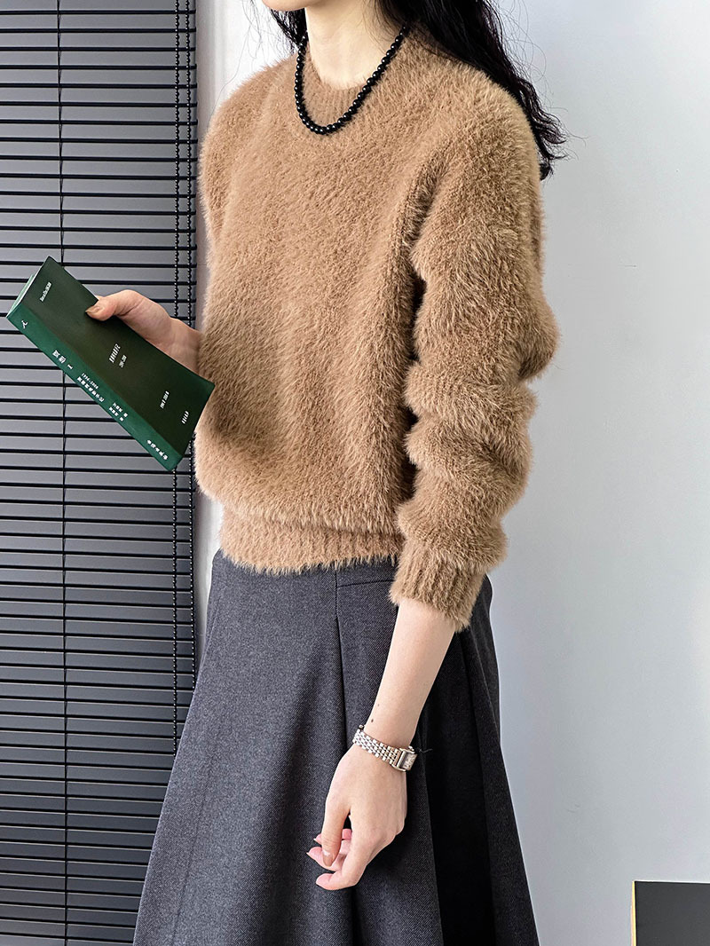 實拍~2023秋冬圓領新款針織衫女好像復古純色套頭慵懶軟糯毛衣