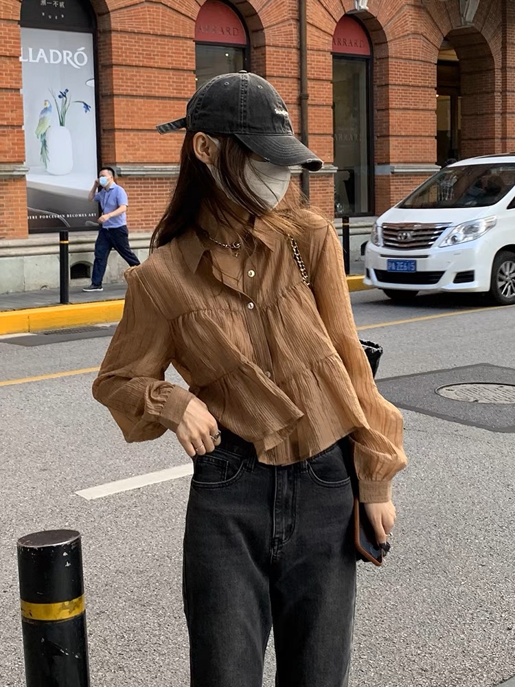 2023早秋新款圓領繫繩單排扣韓版襯衣女大碼遮肉顯瘦單上