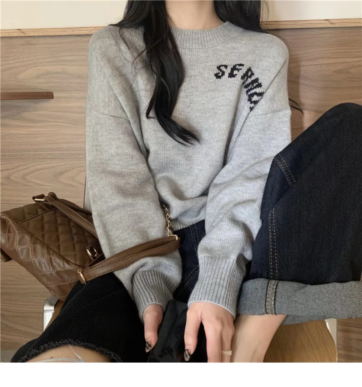 2023秋冬蝴蝶結提花設計感套頭寬鬆慵懶針織毛衣女