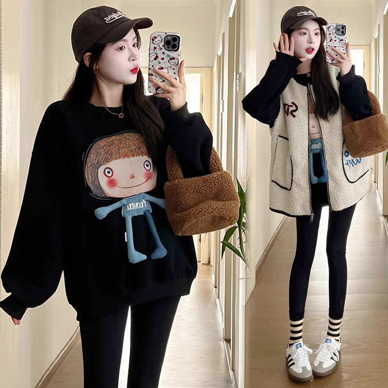 Design niche cartoon print pink sweatshirt women's autumn and winter fat mm round neck pullover top trendy
