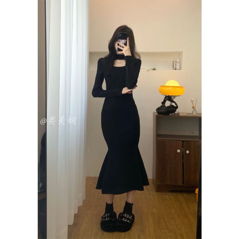 鏤空黑色新款連衣裙女春秋新款修身顯瘦中長款魚尾裙子打底包臀裙