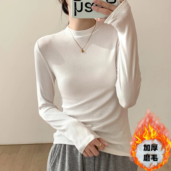 莫代爾螺紋1X1一體絨 高端小高領圓領打底衫女加厚長袖T恤上衣