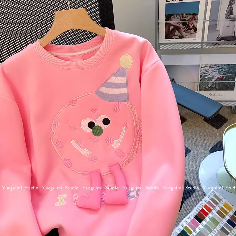 原版做工粉色玩偶衛衣女2023新秋冬小個子美式加厚圓領無帽上衣