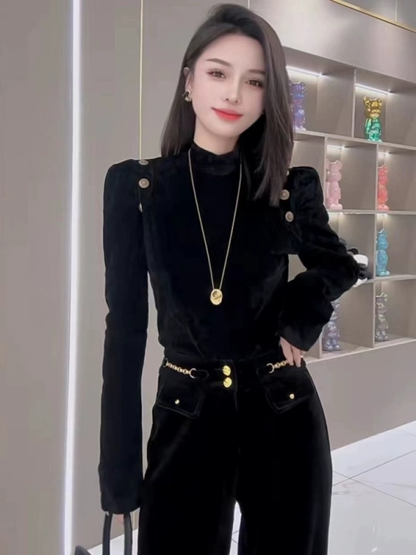 半高領長袖黑色絲絨上衣女秋冬2023新款內搭顯瘦洋氣減齡打底衫潮