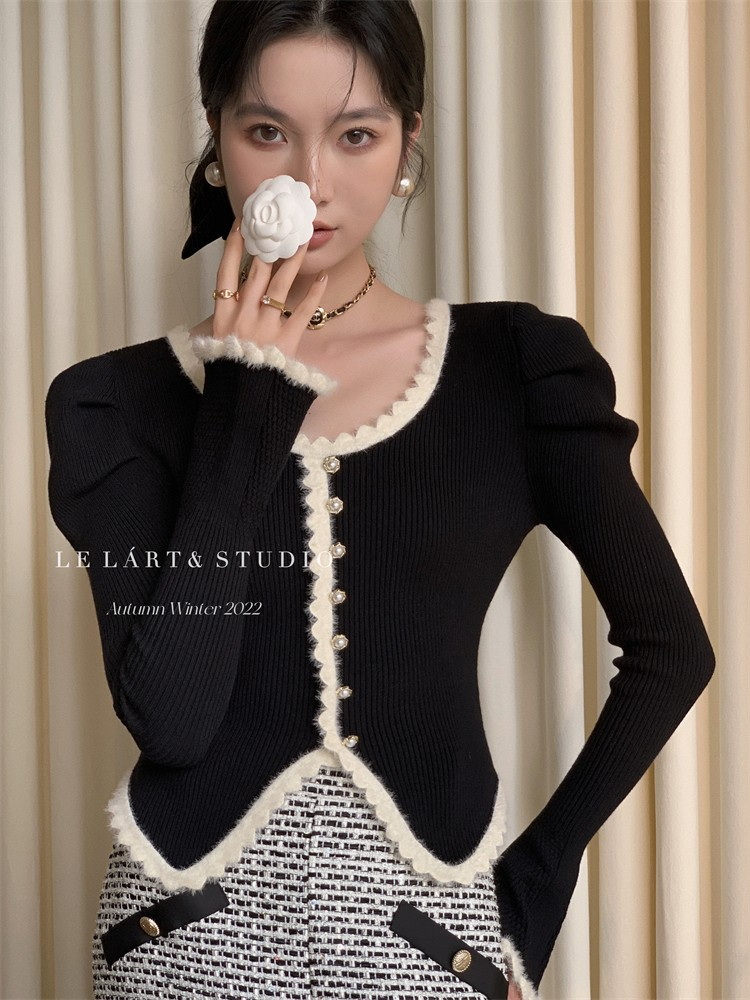 LE LART原創設計感黑白拼色泡泡袖毛邊短款小個子金扣針織開衫女