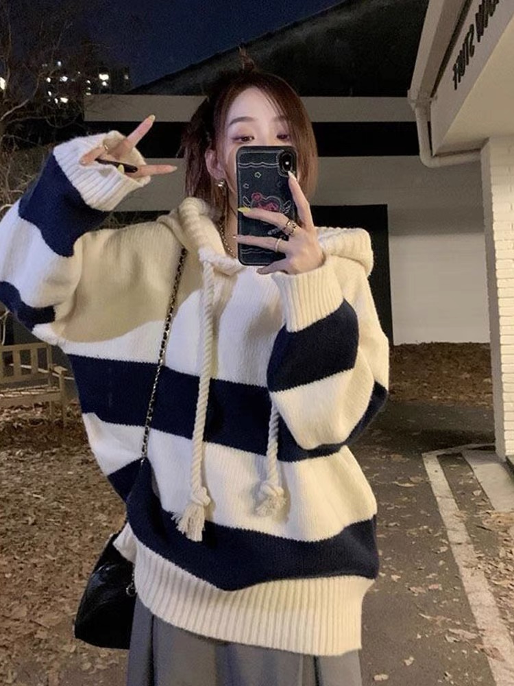 撞色條紋連帽套頭毛衣衛衣女秋冬加厚新款韓系寬鬆慵懶風外套