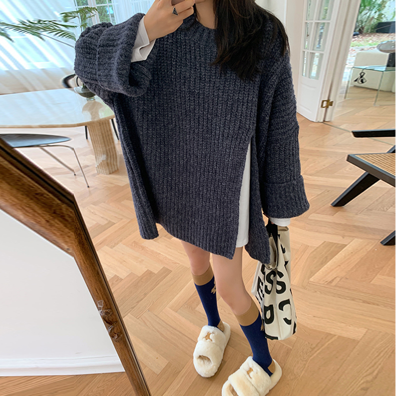 開叉寬鬆毛衣別致設計感炸街小眾韓系ins慵懶風針織衫上衣女秋冬