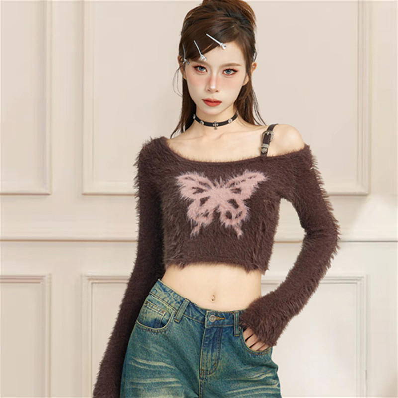 棕色蝴蝶結水貂毛毛衣女秋冬季美拉德內搭打底衫鎖骨短款露肩上衣