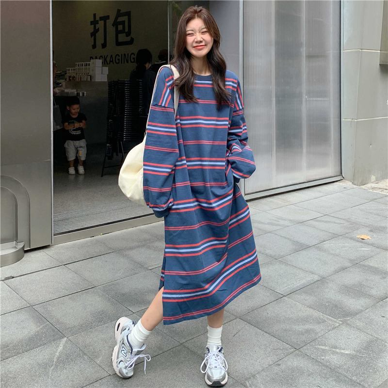 實拍 設計感320g一體絨冬季加絨加厚寬鬆中長款條紋口袋連衣裙女
