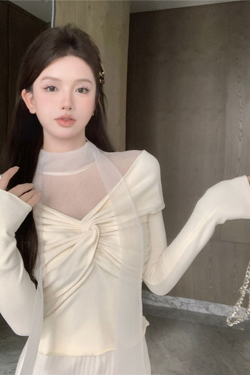 韓版氣質純欲褶皺修身顯瘦T恤女2023秋季新款外穿體恤上衣服ins潮